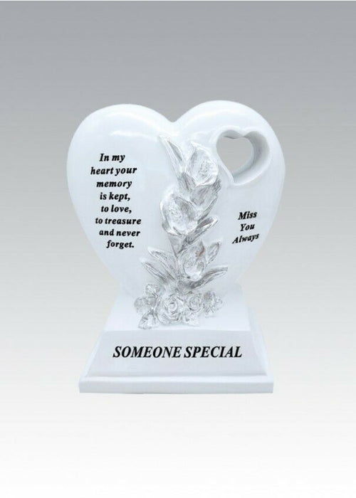 White Silver Double Heart Floral Memorial - Remembrance Graveside Plaque Tribute