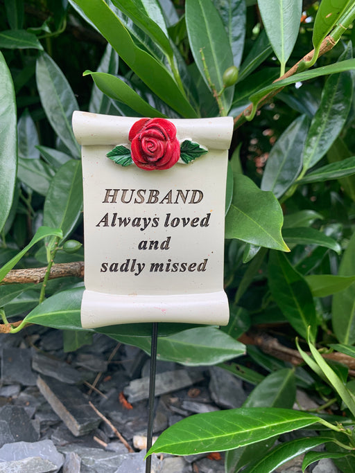 Husband Red Rose Scroll Stick - Memorial Tribute Spike