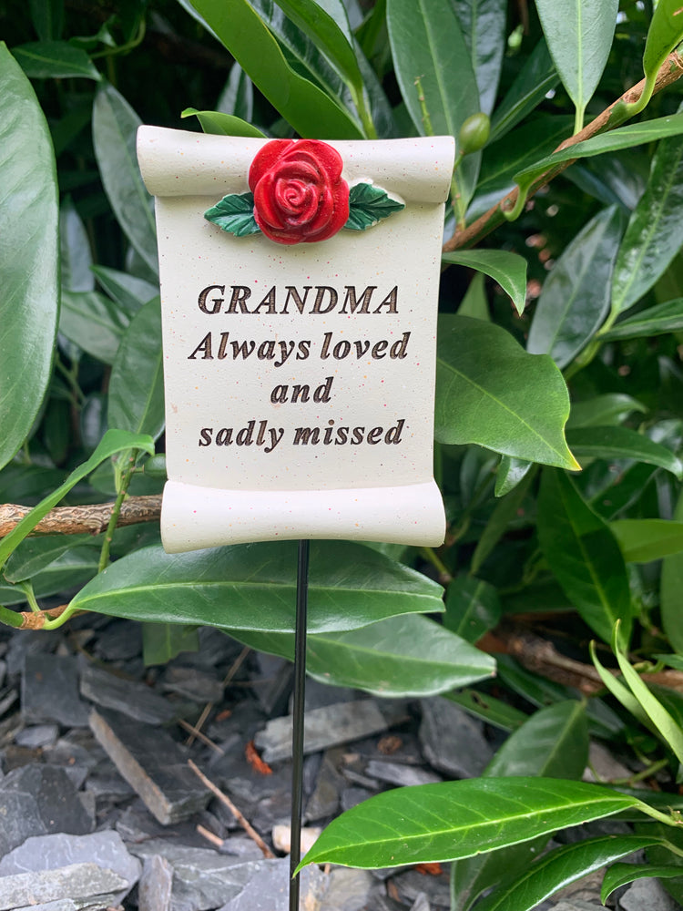 Grandma Red Rose Scroll Stick - Memorial Tribute Spike