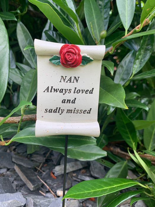 Nan Red Rose Scroll Stick - Memorial Tribute Spike