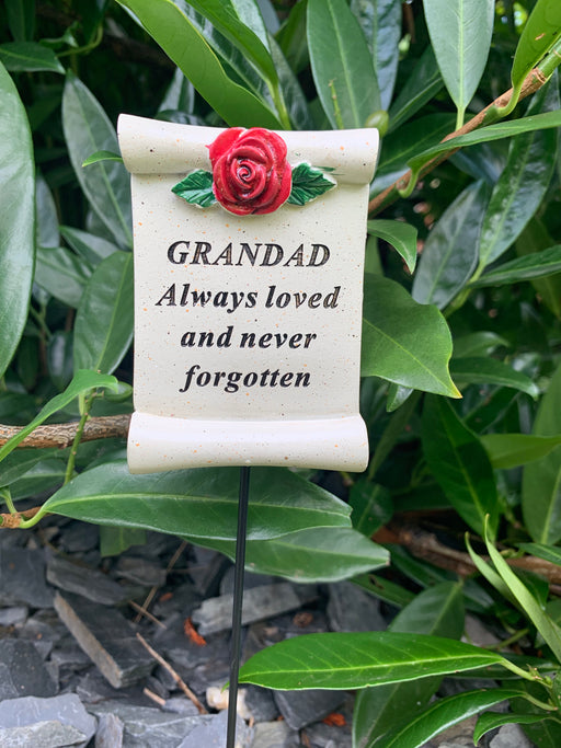 Grandad Red Rose Scroll Stick - Memorial Tribute Spike