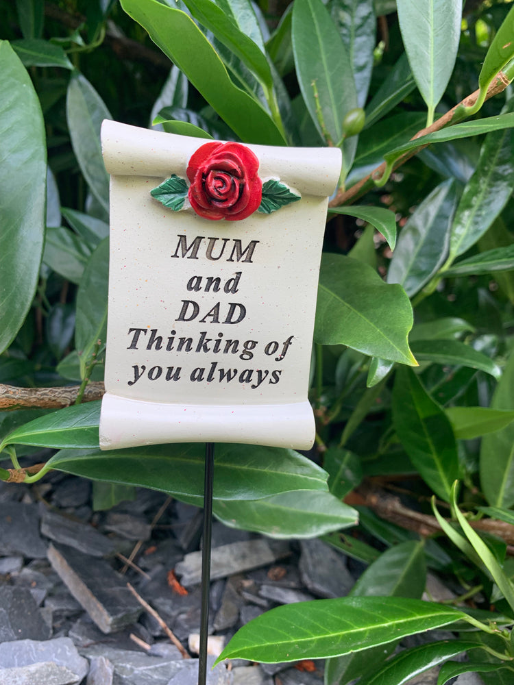 Mum and Dad Red Rose Scroll Stick - Memorial Tribute Spike