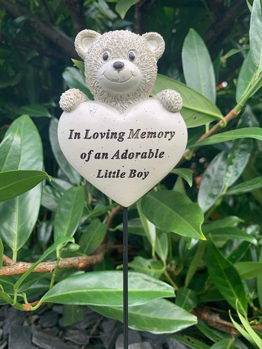 Little Boy Teddy Bear Heart Stick - Memorial Tribute Plaque