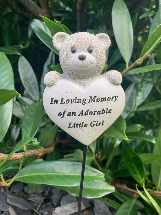 Little Girl Teddy Bear Heart Stick - Memorial Tribute Plaque